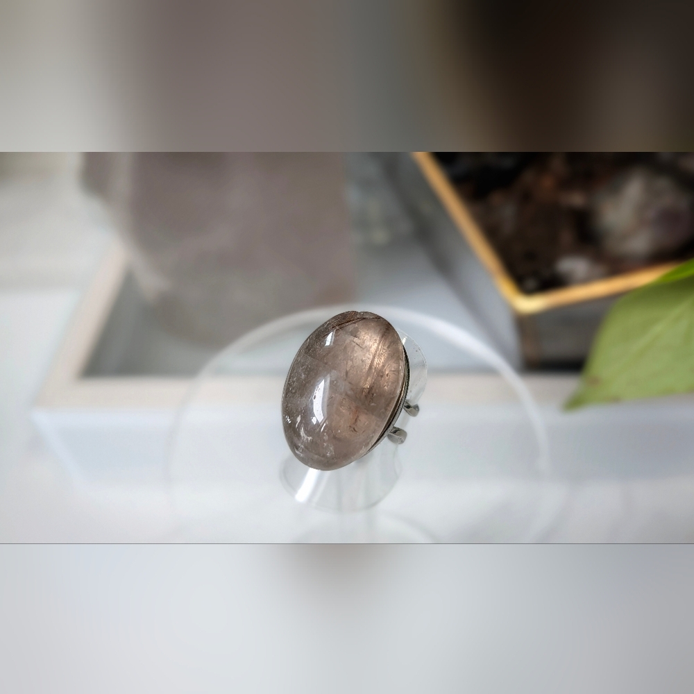 Smokey Quartz Crystal Gemstone Adjustable Stainless Steel Ring